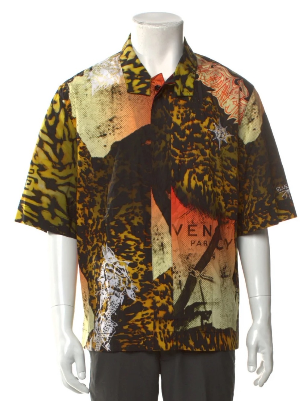 Givenchy Men's Short-Sleeve Graphic Button-Down in Yellow, Black, Orange